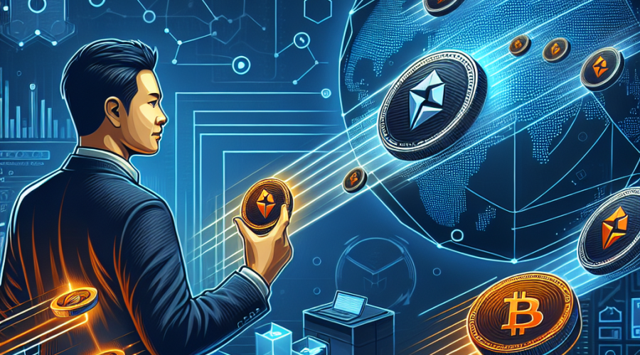 SEO Alt-Text: Modern digital illustration of Justin Sun monitoring a high-value transfer of TRX (Tron) tokens from a Binance exchange icon to a secure crypto wallet, featuring vibrant blockchain elements like interconnected nodes and data streams. The dynamic artwork incorporates SunSwap and on-chain analytics references, uses Tron brand colors (orange #FF9811, dark blue #000D43, midnight blue #021B88), and conveys strategic blockchain activity and market confidence—perfect for cryptocurrency and fintech content. Size: 1200x628 pixels.