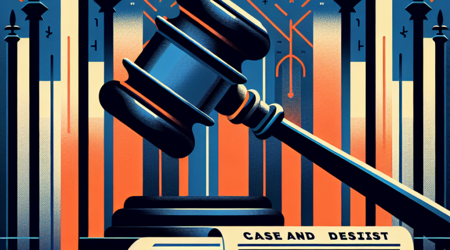 "Minimalist design illustration of a US courtroom with judge's gavel and 'Cease and Desist' document, subtly referencing sports wagering with embedded Kalshi, Robinhood, and Crypto.com logos. Dominant dark blue and orange tones with midnight blue accents. Image size 1200x628 px."