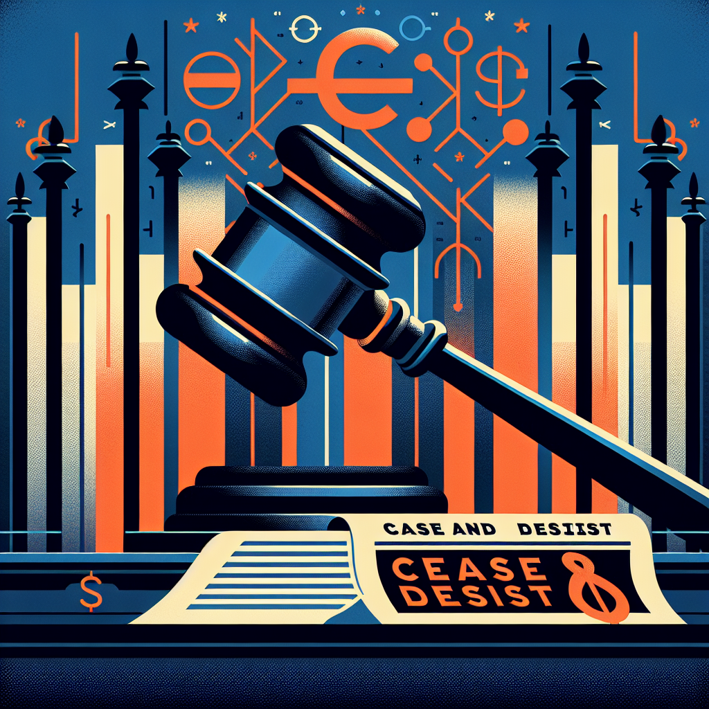"Minimalist design illustration of a US courtroom with judge's gavel and 'Cease and Desist' document, subtly referencing sports wagering with embedded Kalshi, Robinhood, and Crypto.com logos. Dominant dark blue and orange tones with midnight blue accents. Image size 1200x628 px."