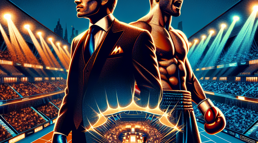 **SEO-ready alt text:** "Dynamic cinematic illustration of the Misfits Boxing event in Dubai at Dubai Duty Free Tennis Stadium, featuring stylized intense boxers representing Andrew Tate (with CEO confidence) and Chase DeMoor (raw athletic power), under dramatic stadium lights. Influencer culture is suggested with social media icons and spotlight effects, while luxury VIP details like a red carpet, velvet ropes, gold accents, and the subtle IPO Genie logo create an exclusive atmosphere. The bold modern artwork uses vivid orange (#FF9811), dark blue (#000D43), and midnight blue (#021B88) brand colors for an electric, high-energy feel."