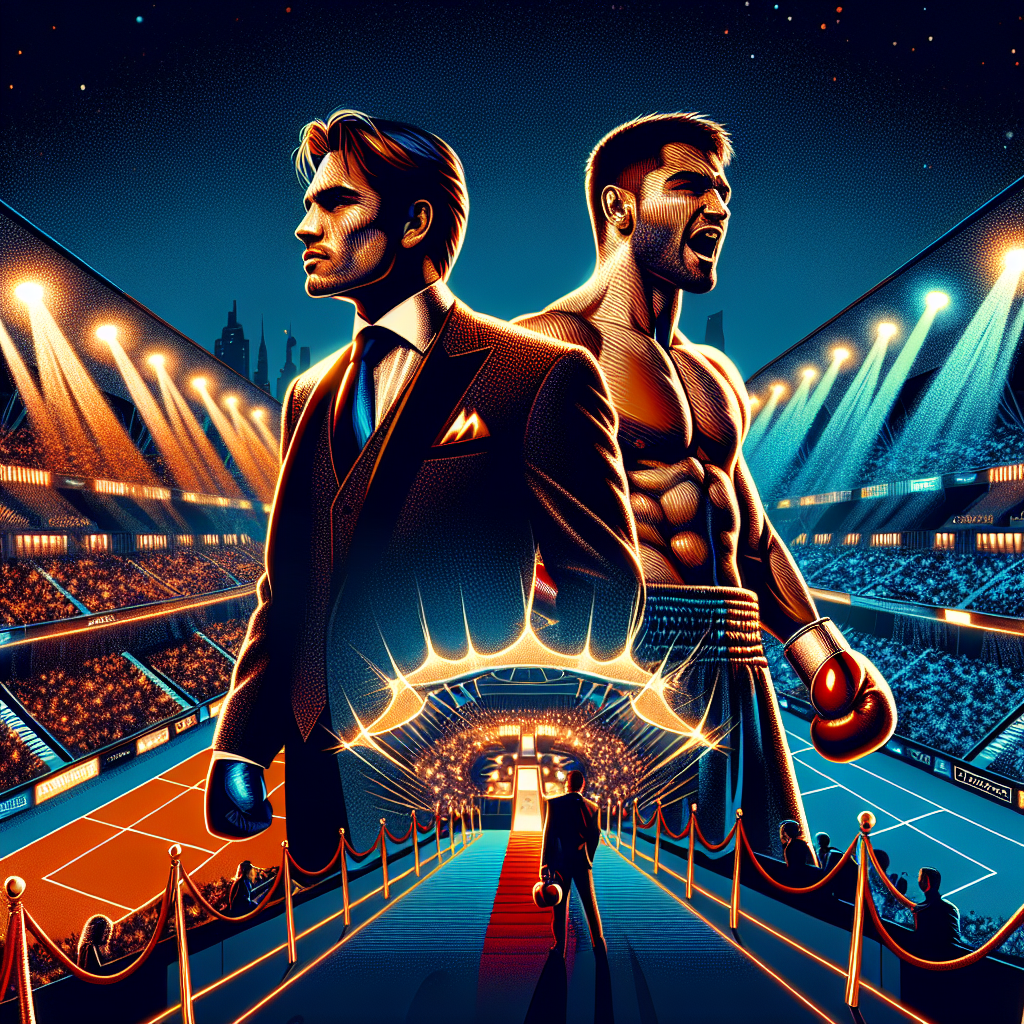 **SEO-ready alt text:** "Dynamic cinematic illustration of the Misfits Boxing event in Dubai at Dubai Duty Free Tennis Stadium, featuring stylized intense boxers representing Andrew Tate (with CEO confidence) and Chase DeMoor (raw athletic power), under dramatic stadium lights. Influencer culture is suggested with social media icons and spotlight effects, while luxury VIP details like a red carpet, velvet ropes, gold accents, and the subtle IPO Genie logo create an exclusive atmosphere. The bold modern artwork uses vivid orange (#FF9811), dark blue (#000D43), and midnight blue (#021B88) brand colors for an electric, high-energy feel."