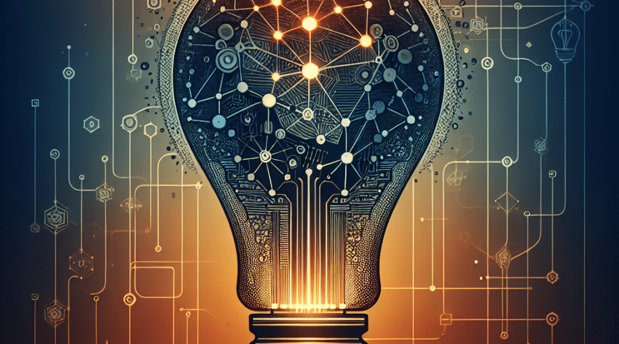 **SEO-optimized alt text:** Stylized glowing lightbulb formed from interconnected digital nodes and network lines, symbolizing collaborative innovation, set against a background of geometric shapes and gradients in orange, dark blue, and midnight blue; subtle blueprint and circuitry motifs reference technological progress and blockchain-powered digital advancement, high-design and professional tech brand style, 1200x628 pixels, no text.