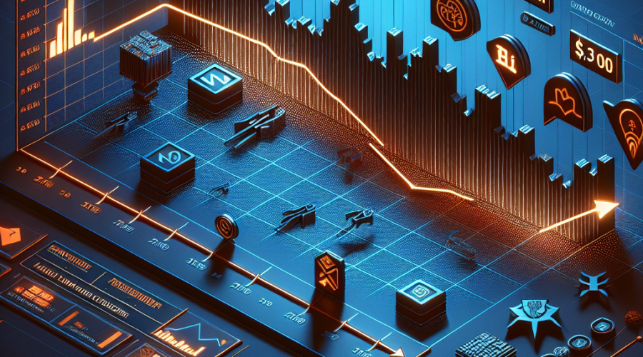 "SEO Alt-text: Graph depicting the downward trend of NFT market capitalization and sales volume against a midnight blue background with diminishing symbols of renowned NFT collections such as CryptoPunks, Bored Ape Yacht Club, and Pudgy Penguins in dark blue. The overall market cap value of .1 billion indicates a decline. Orange highlights give prominence to the decreasing graph and the bold, orange 'NFT Market Downturn' text."