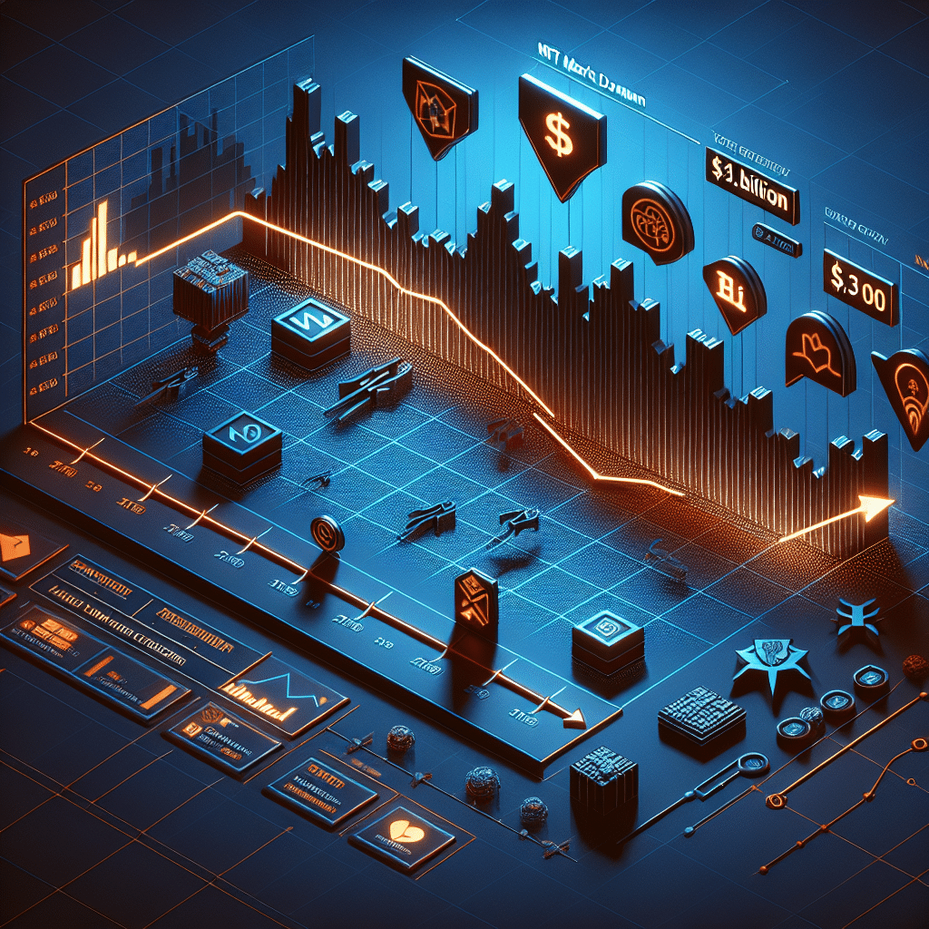 "SEO Alt-text: Graph depicting the downward trend of NFT market capitalization and sales volume against a midnight blue background with diminishing symbols of renowned NFT collections such as CryptoPunks, Bored Ape Yacht Club, and Pudgy Penguins in dark blue. The overall market cap value of .1 billion indicates a decline. Orange highlights give prominence to the decreasing graph and the bold, orange 'NFT Market Downturn' text."