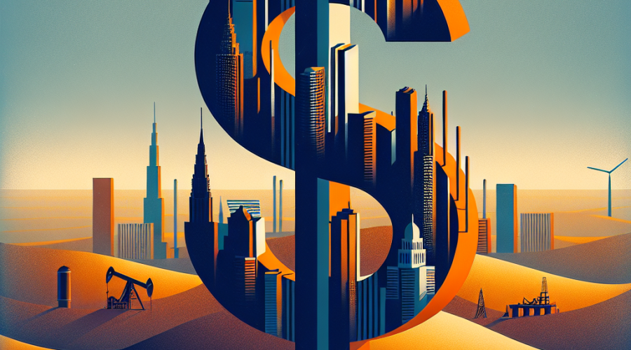 **SEO-Optimized Alt Text:** Modern illustration at 1200x628 pixels showing a dollar sign formed by overlapping skyscrapers to symbolize Wall Street, rising above stylized golden sand dunes in a desert with a subtle oil rig shadow, representing petrodollar flow from Saudi Arabia to the U.S.; includes faint silhouettes of Saudi and American landmarks, with Orange (#FF9811), Dark Blue (#000D43), and Midnight Blue (#021B88) accents for a professional, institutional feel reflecting dollar dominance.