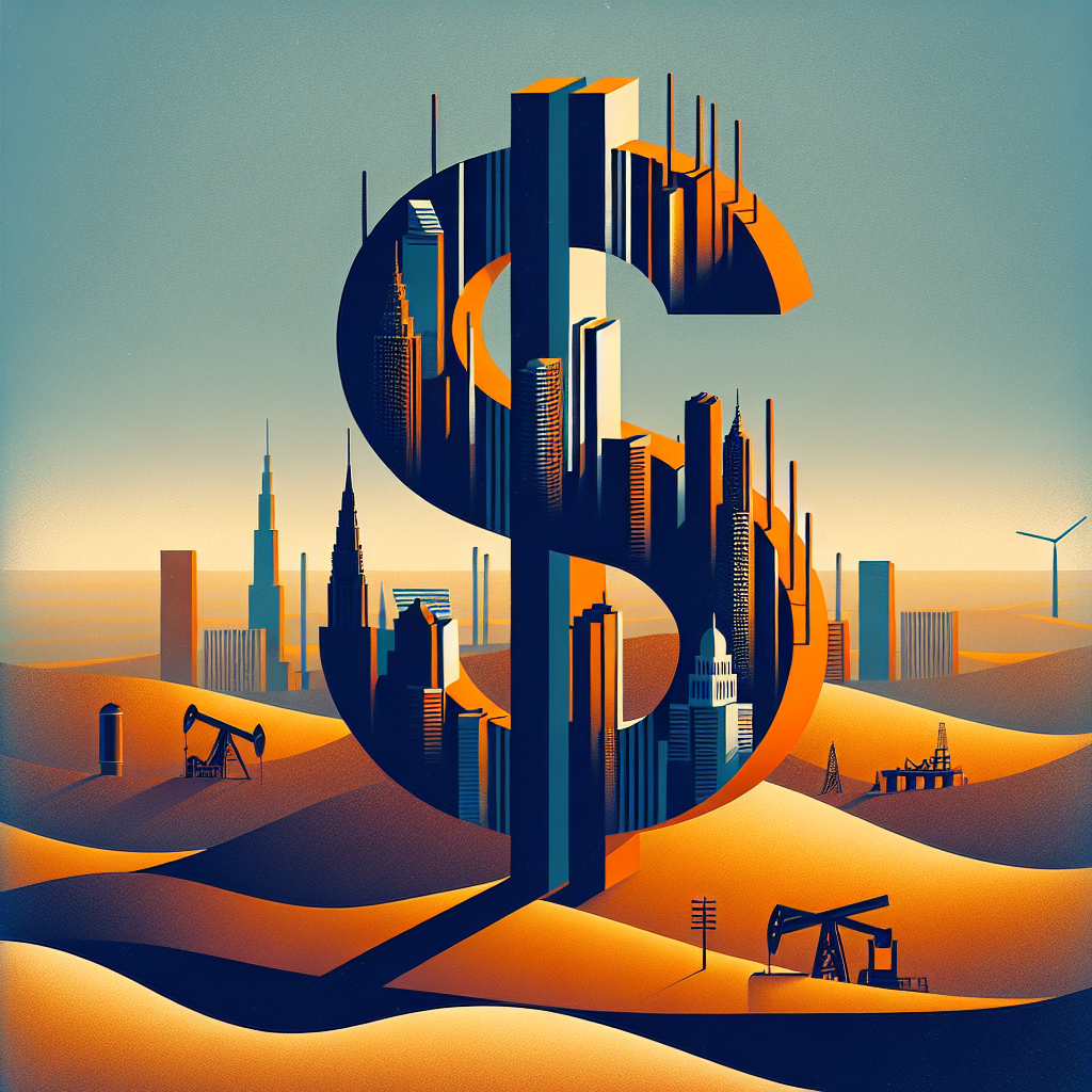 **SEO-Optimized Alt Text:** Modern illustration at 1200x628 pixels showing a dollar sign formed by overlapping skyscrapers to symbolize Wall Street, rising above stylized golden sand dunes in a desert with a subtle oil rig shadow, representing petrodollar flow from Saudi Arabia to the U.S.; includes faint silhouettes of Saudi and American landmarks, with Orange (#FF9811), Dark Blue (#000D43), and Midnight Blue (#021B88) accents for a professional, institutional feel reflecting dollar dominance.