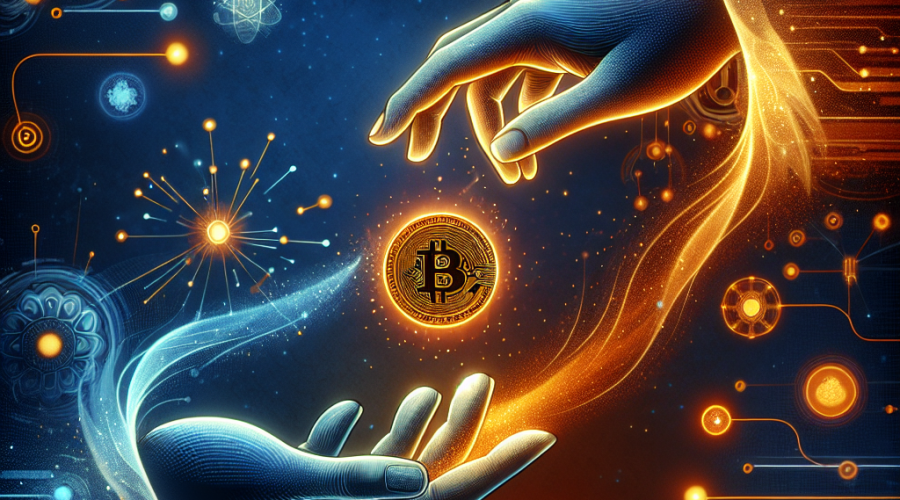 **SEO Alt-Text:** Modern digital illustration in 1200x628px featuring two hands on a dark blue and midnight blue gradient background with orange highlights; one hand dissolves a glowing orange quantum coin into entangled light particles, which travel through quantum symbols—like entangled lines, atomic orbits, and teleportation rings—integrated with stylized circuitry and ledger icons, before reassembling in the other hand, visually representing the secure, high-tech transition from traditional digital money to quantum money.