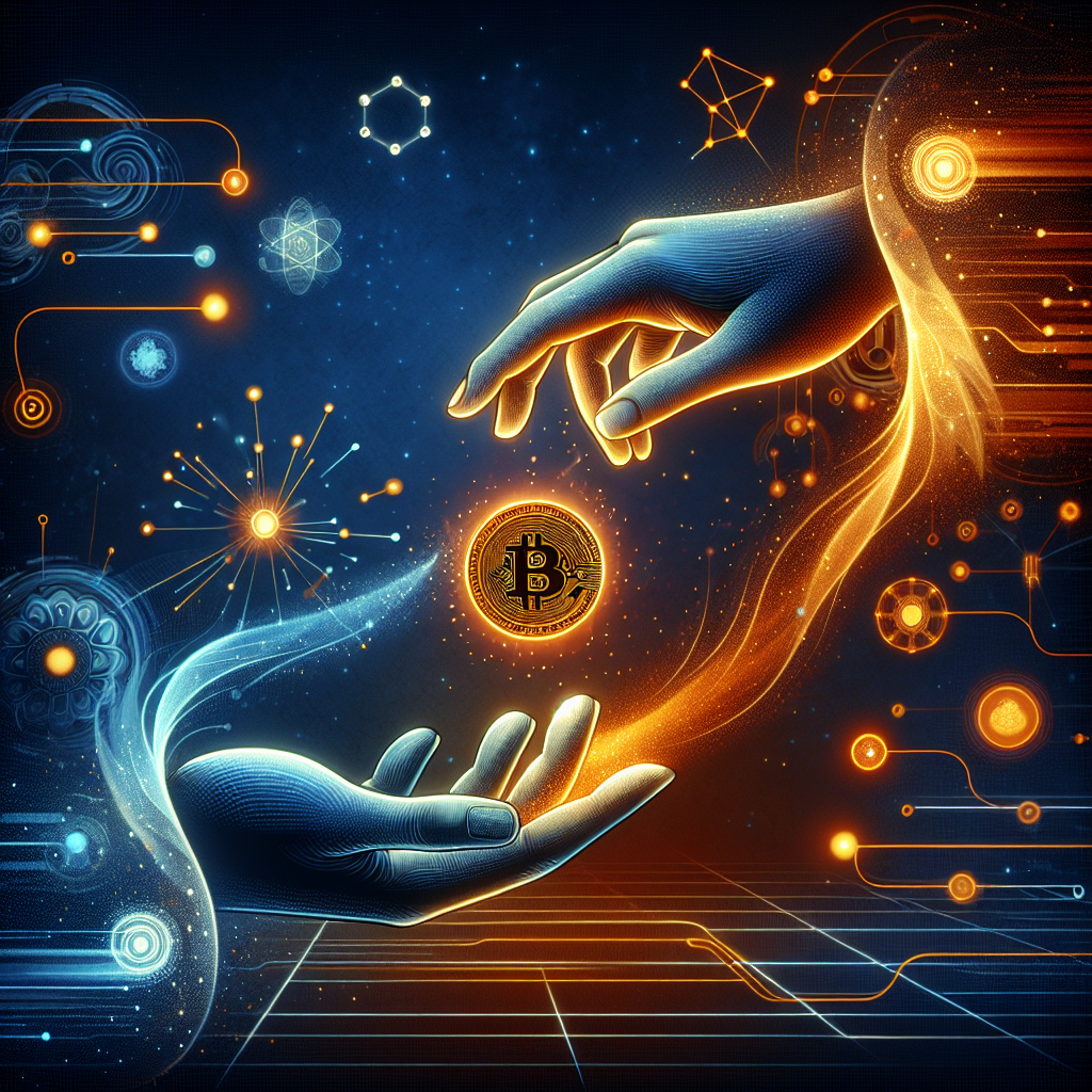 **SEO Alt-Text:** Modern digital illustration in 1200x628px featuring two hands on a dark blue and midnight blue gradient background with orange highlights; one hand dissolves a glowing orange quantum coin into entangled light particles, which travel through quantum symbols—like entangled lines, atomic orbits, and teleportation rings—integrated with stylized circuitry and ledger icons, before reassembling in the other hand, visually representing the secure, high-tech transition from traditional digital money to quantum money.