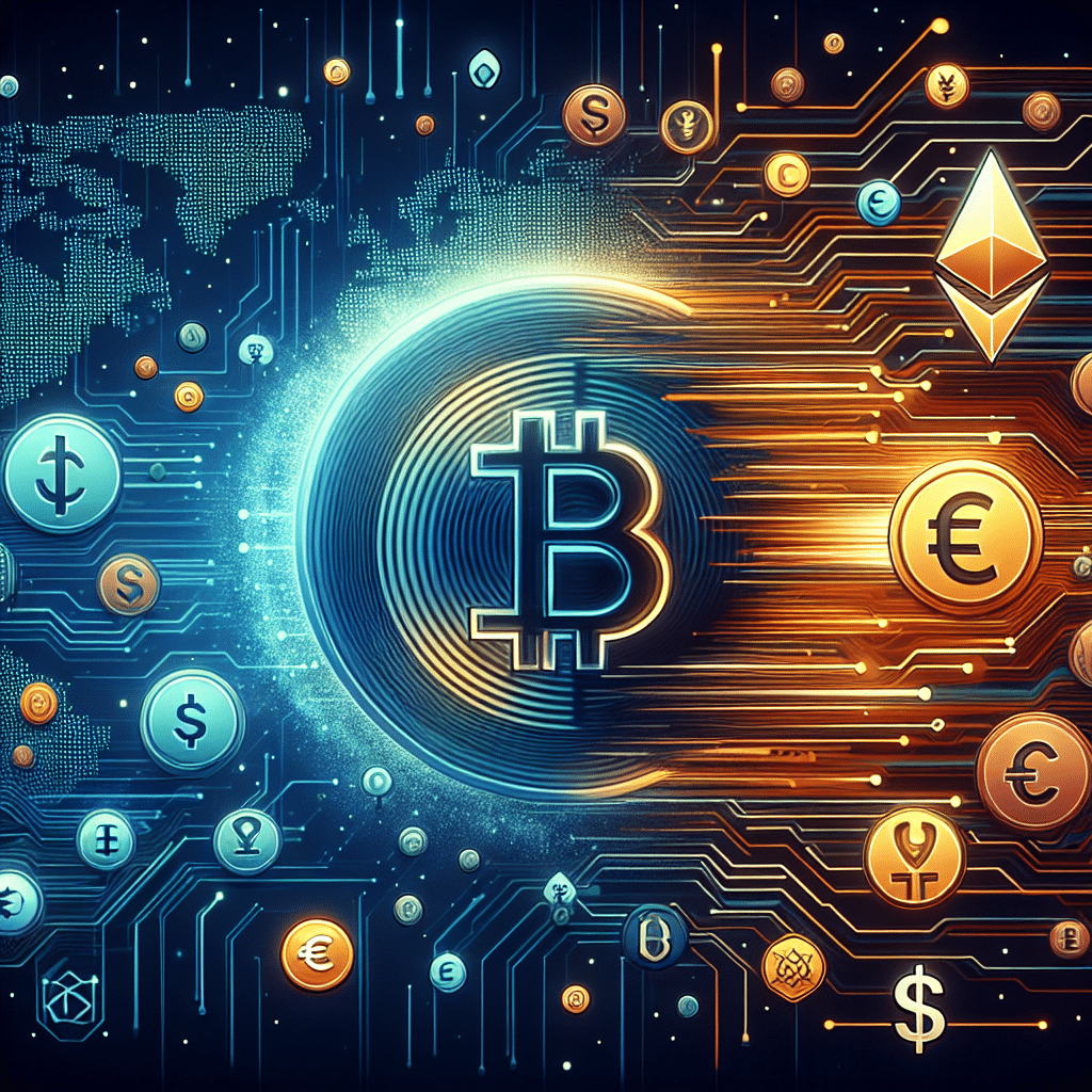 "Digital artwork representing Shift4, a leading U.S. payment service, expand payment options to include major stablecoins (USDC, USDT, EURC, DAI) flowing towards the Shift4 icon amidst a global map backdrop. Symbols of Ethereum, Solana, Stellar, TON, reflect global cryptocurrency network connectivity, exchanged across borders and integrated with Shift4. Brand-inspired color palette of orange (#FF9811), dark blue (#000D43), and midnight blue (#021B88). Image with 1200x628 pixels aspect ratio."