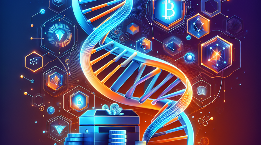 **SEO Alt-Text:** Sleek, modern graphic banner sized 1200 x 628 pixels featuring a stylized DNA double helix seamlessly merging with digital blockchain nodes and token icons, symbolizing the integration of biotechnology and fintech. Dynamic, liquid fluid lines represent the concept of “Hyperliquid,” while a bold  billion digital treasury vault radiates high-tech energy at the center. The image uses a vibrant palette of orange (#FF9811), dark blue (#000D43), and midnight blue (#021B88) with clean gradients and geometric accents, visually representing medical innovation and futuristic digital finance—ideal for a corporate blog post on genomics and blockchain synergy.