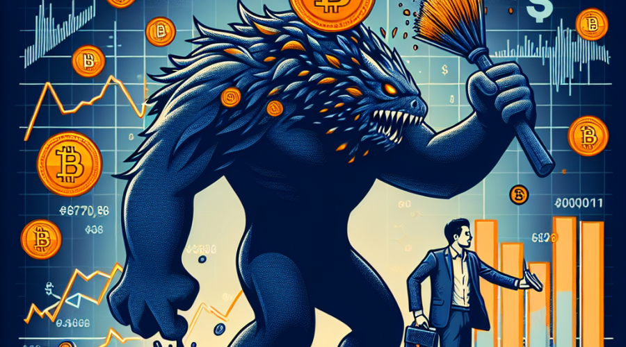 "Bitwise Chief Investment Officer Matt Hougan confidently dismissing fear monster symbolizing the 'sell bitcoin' narrative, against a stunning midnight blue background of 1200x628 pixels size. Faded dark blue monster adorned with elements of MSCI indexes and stock graphs, representing market pressure. Right half features stylized, glowing Bitcoin pile in brand orange, accompanied by a vibrant graph showcasing the stability of crypto market amidst financial pressures, topped off with a blog's logo in the top right corner."