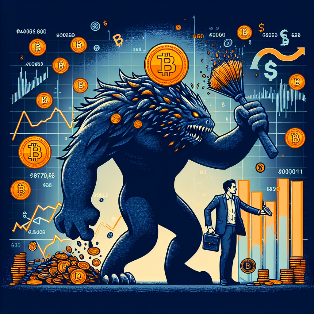 "Bitwise Chief Investment Officer Matt Hougan confidently dismissing fear monster symbolizing the 'sell bitcoin' narrative, against a stunning midnight blue background of 1200x628 pixels size. Faded dark blue monster adorned with elements of MSCI indexes and stock graphs, representing market pressure. Right half features stylized, glowing Bitcoin pile in brand orange, accompanied by a vibrant graph showcasing the stability of crypto market amidst financial pressures, topped off with a blog's logo in the top right corner."