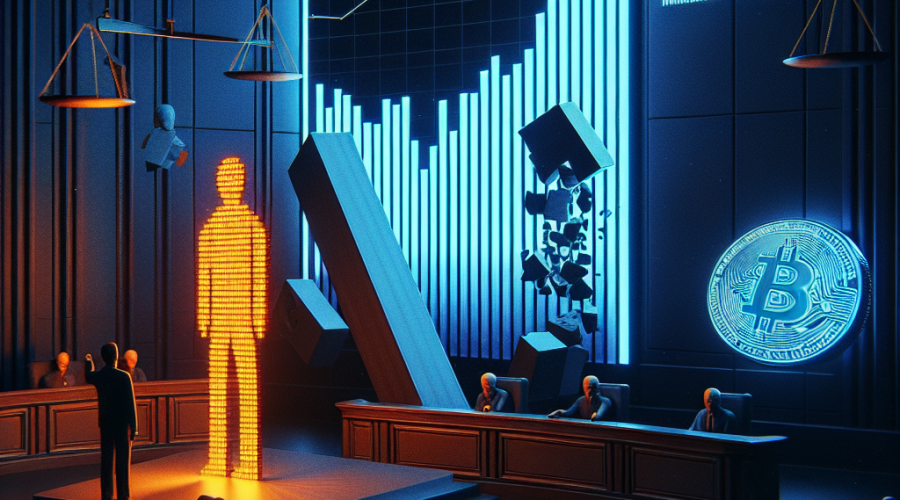 "Stylized dark blue courtroom featuring orange figure of Terra founder Do Kwon against a backdrop of fallen crypto market graph, a shattered giant domino symbolizing Crypto bear market start, and elements subtly representing US and South Korean flags for regulatory scrutiny context, overlaid with text 'Terra's Collapse: 15 Years Sentence for Founder Do Kwon' in midnight blue. All elements are consistent with brand colors. Image is 1200 x 628 pixels."