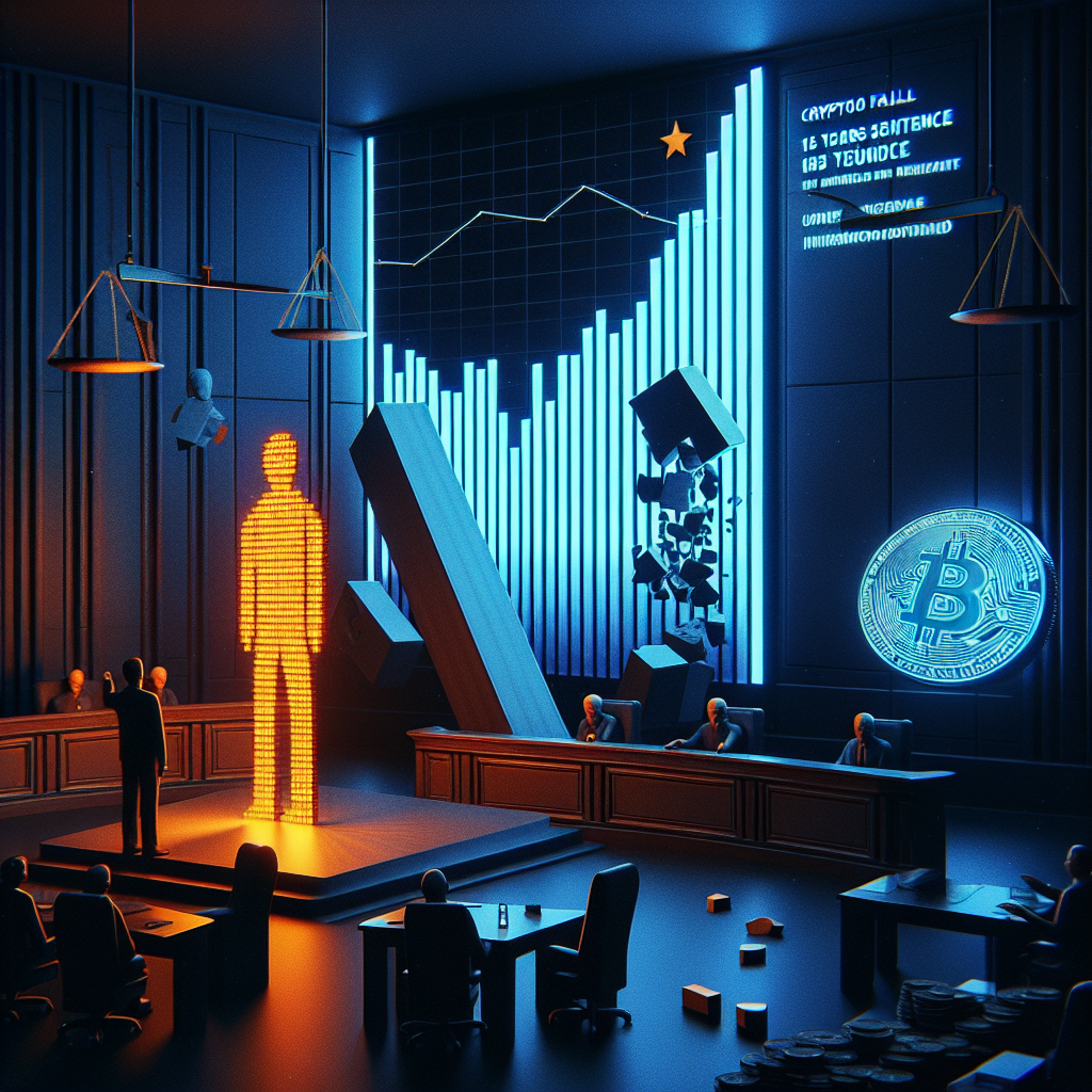 "Stylized dark blue courtroom featuring orange figure of Terra founder Do Kwon against a backdrop of fallen crypto market graph, a shattered giant domino symbolizing Crypto bear market start, and elements subtly representing US and South Korean flags for regulatory scrutiny context, overlaid with text 'Terra's Collapse: 15 Years Sentence for Founder Do Kwon' in midnight blue. All elements are consistent with brand colors. Image is 1200 x 628 pixels."