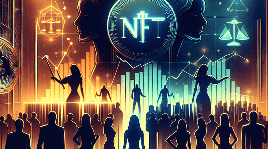 **SEO-optimized alt text:** Dramatic digital illustration depicting the Theta Labs NFT market manipulation controversy, featuring a stylized NFT auction with symbolic digital tokens, a shadowy celebrity figure, and overlays of courtroom silhouettes and scales of justice; vibrant brand colors in bold orange and deep blues enhance lighting effects, while abstract graphs and digital flames signal crypto market volatility, capturing the tension between blockchain innovation and legal scrutiny.