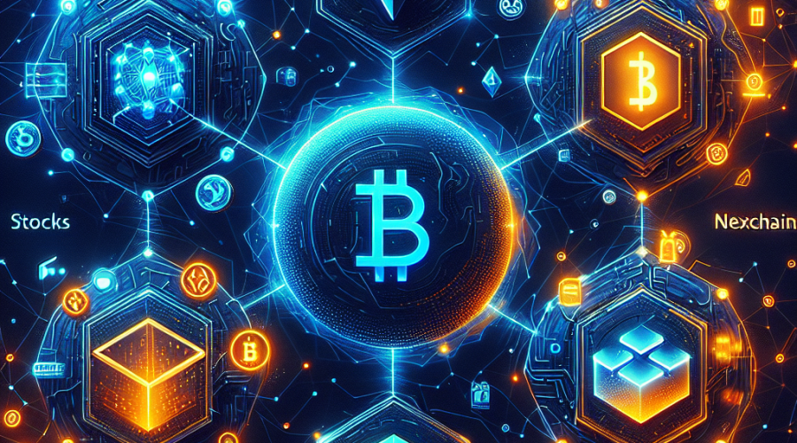 **SEO Alt-Text:** Sleek digital illustration featuring BlockchainFX, Tapzi, Nexchain, and Bitcoin Hyper logos interconnected on a futuristic blockchain network, symbolizing financial markets, AI, gaming, and lightning-fast Bitcoin transactions; BlockchainFX is centered as an all-in-one decentralized trading platform with crypto, stocks, forex, ETF, and commodity icons glowing, surrounded by abstract visuals of Tapzi’s gaming, Nexchain’s AI, and Bitcoin Hyper’s speed, set against a dark midnight blue background with vibrant orange accents—optimized for Wordpress blog featured image 1200x628 pixels.