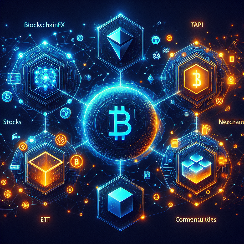 **SEO Alt-Text:** Sleek digital illustration featuring BlockchainFX, Tapzi, Nexchain, and Bitcoin Hyper logos interconnected on a futuristic blockchain network, symbolizing financial markets, AI, gaming, and lightning-fast Bitcoin transactions; BlockchainFX is centered as an all-in-one decentralized trading platform with crypto, stocks, forex, ETF, and commodity icons glowing, surrounded by abstract visuals of Tapzi’s gaming, Nexchain’s AI, and Bitcoin Hyper’s speed, set against a dark midnight blue background with vibrant orange accents—optimized for Wordpress blog featured image 1200x628 pixels.