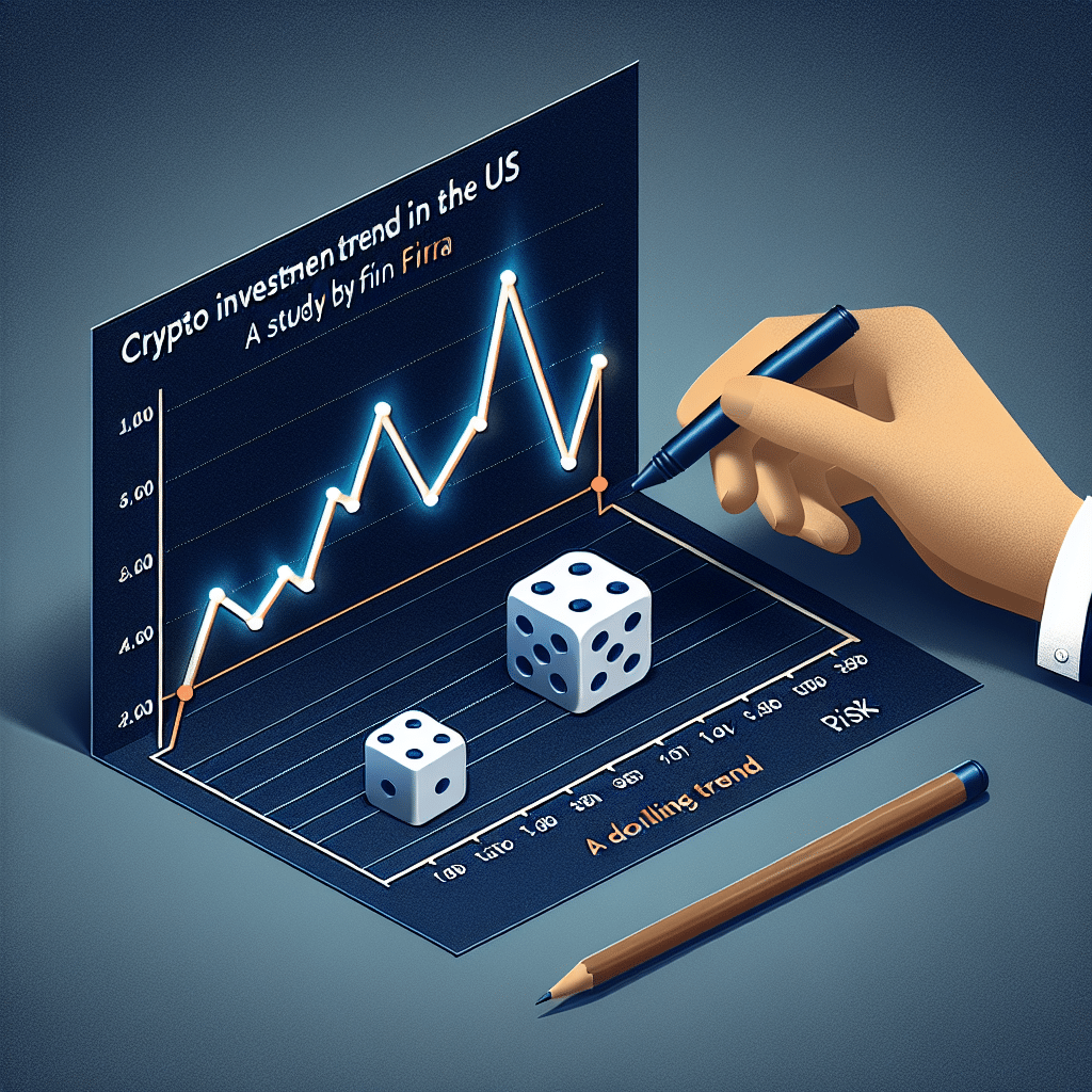 "Orange-colored text stating 'Crypto Investment Trend in the US' above a minimalistic graph depicting a declining trend line, representational of the recent trends in US cryptocurrency investments. On the lower part of the image, a Midnight Blue dice is rolling, symbolizing the risk involved in these investments. Included is a text underlined in Dark Blue that reads 'A Study by FINRA', signifying the source of the study. Optimized for SEO and designed in a 1200 x 628 pixel frame."