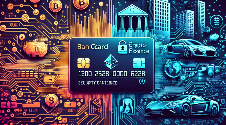 **Great SEO Alt-Text:** “1200x628 pixel blog banner visually illustrating the convergence of crypto exchanges and traditional banking: a digital bank card transitions from blockchain code and major crypto icons like Bitcoin and Ethereum on one side, to classic finance symbols such as bank buildings and fiat currency on the other. AI motifs, including neural network patterns and digital security shields, are integrated, while transparent overlays of luxury cars like Lamborghini and Ferrari symbolize asset tokenization. The background features seamless, dynamic gradients in brand colors #FF9811 orange, #000D43 dark blue, and #021B88 midnight blue, presenting a futuristic, secure scene of financial innovation and integration.”
