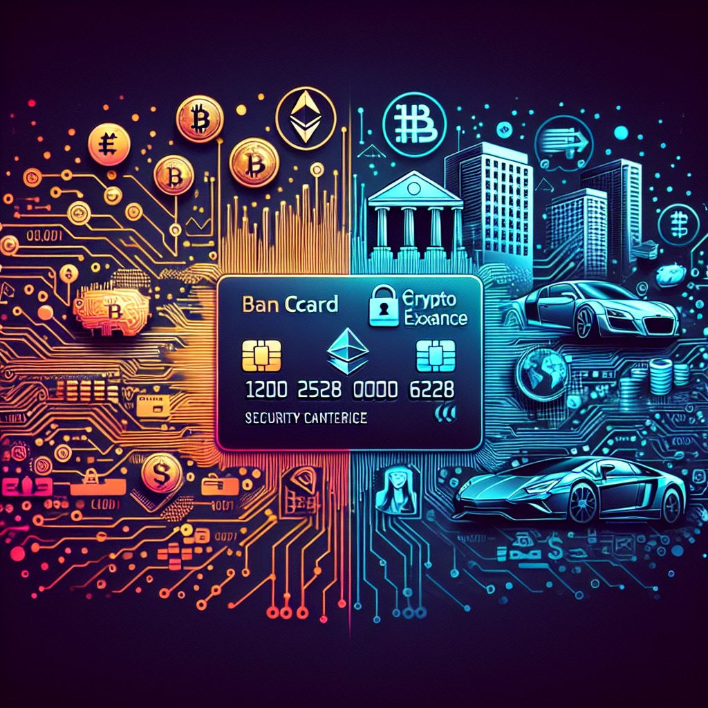 **Great SEO Alt-Text:** “1200x628 pixel blog banner visually illustrating the convergence of crypto exchanges and traditional banking: a digital bank card transitions from blockchain code and major crypto icons like Bitcoin and Ethereum on one side, to classic finance symbols such as bank buildings and fiat currency on the other. AI motifs, including neural network patterns and digital security shields, are integrated, while transparent overlays of luxury cars like Lamborghini and Ferrari symbolize asset tokenization. The background features seamless, dynamic gradients in brand colors #FF9811 orange, #000D43 dark blue, and #021B88 midnight blue, presenting a futuristic, secure scene of financial innovation and integration.”