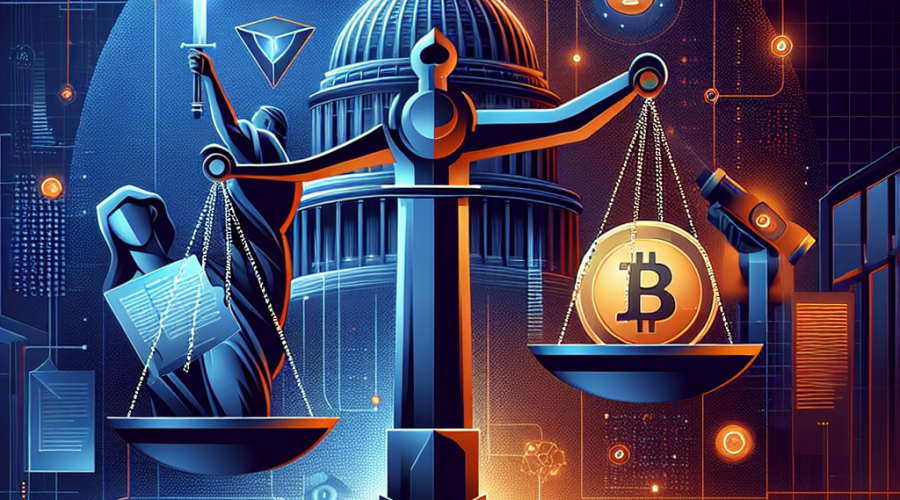 **SEO Alt-Text:** Modern digital illustration showing a balanced scale at the center, with glowing crypto tokens on one side and symbolic US legislative documents on the other, set before the US Capitol dome interwoven with digital blockchain lines. Designed in vibrant orange (#FF9811), deep dark blue (#000D43), and bold midnight blue (#021B88), the image features pops of glowing digital light, highlighting the high-stakes debate over cryptocurrency regulation in America and blending technology with governance for a professional crypto blog header.