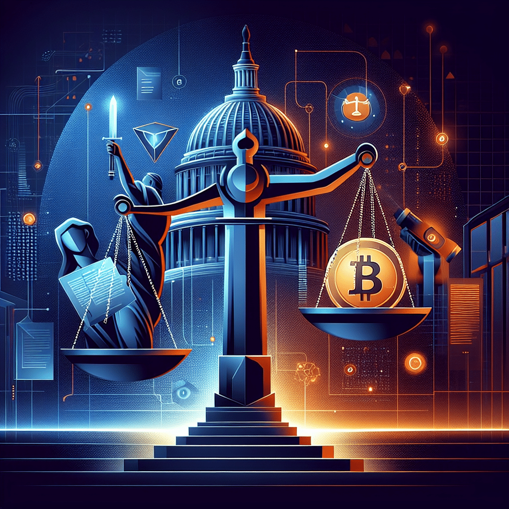 **SEO Alt-Text:** Modern digital illustration showing a balanced scale at the center, with glowing crypto tokens on one side and symbolic US legislative documents on the other, set before the US Capitol dome interwoven with digital blockchain lines. Designed in vibrant orange (#FF9811), deep dark blue (#000D43), and bold midnight blue (#021B88), the image features pops of glowing digital light, highlighting the high-stakes debate over cryptocurrency regulation in America and blending technology with governance for a professional crypto blog header.