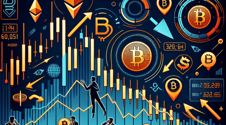 SEO alt-text: "Stormy digital financial market scene featuring sharply declining Bitcoin and Ethereum price charts, breaking support lines with alarm signals in vibrant orange (#FF9811), on a dark blue (#000D43) and midnight blue (#021B88) background. Surrounded by cascading arrows, digital numbers, and silhouettes of traders reacting to volatile crypto price swings on computer screens. Modern, clean design in brand colors, sized for 1200 x 628 pixel WordPress blog banner, illustrating extreme cryptocurrency market volatility."