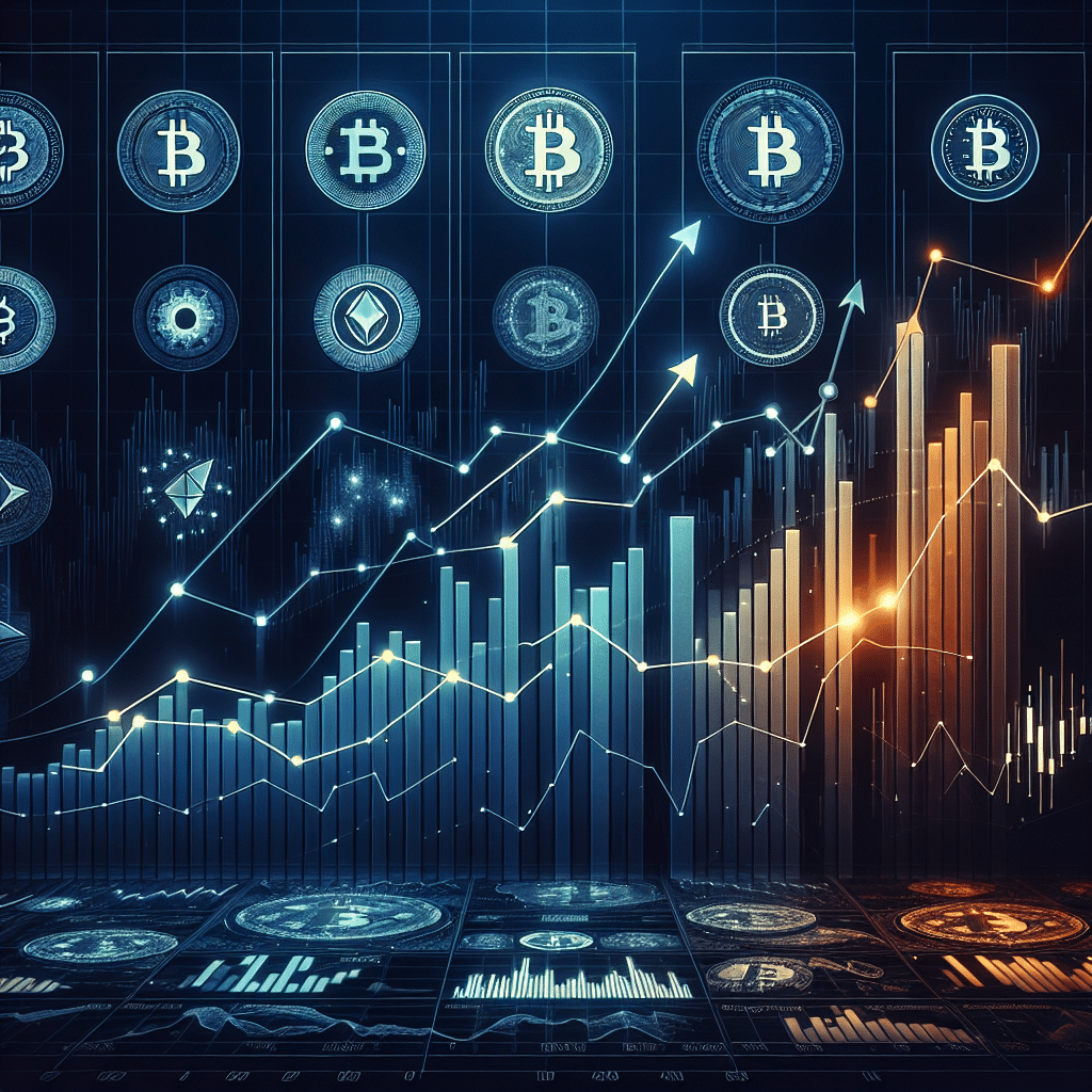 "SEO Alt-text: Dark Blue and Orange rising arrow graph on a Midnight Blue background indicating a rise in crypto market values and Bitcoin price, with a foreground displaying top 10 crypto assets including Bitcoin, Ethereum, and Dogecoin as rising bar graph elements. Background chart layers subtly represent fear and greed index, Bitcoin & Ethereum ETFs inflows and shifting US inflation data, in addition to an overlay of currency symbols such as $BTC, $ETH, and $DOGE."