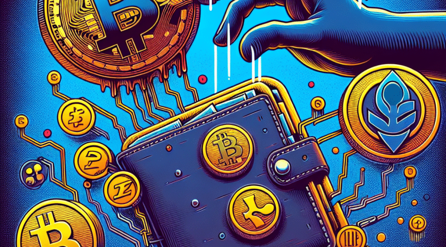 "Rogue hand targeting distressed cryptocurrency hardware wallet with Bitcoin and Litecoin symbols representing theft. Inclusion of Monero, Ethereum, Ripple and Litecoin demonstrate currency converison. Image coloured with brand consistent hues of orange (#FF9811), dark blue (#000D43), and midnight blue (#021B88) conveys the seriousness of scams within the crypto sector. Image size 1200x628 pixels."