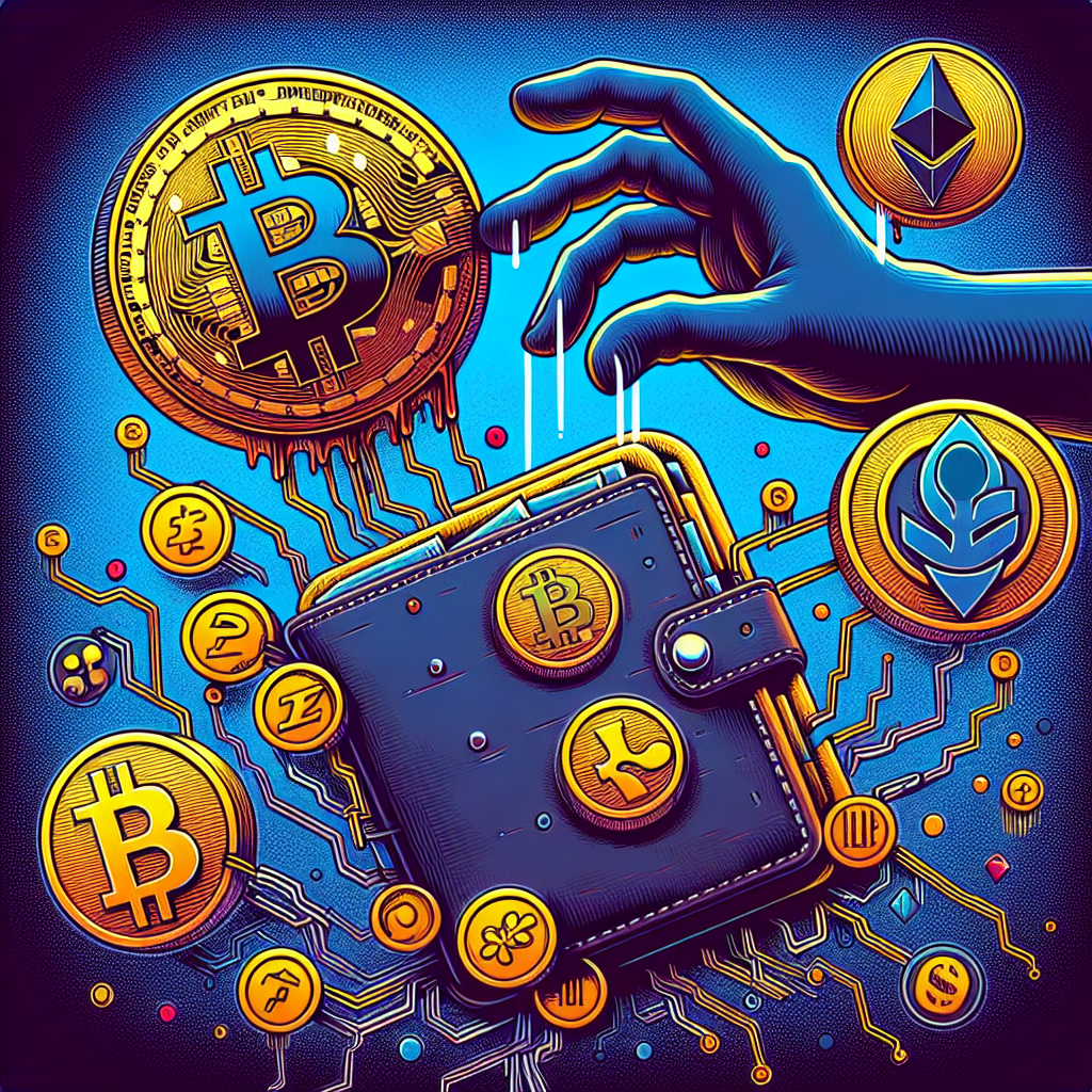 "Rogue hand targeting distressed cryptocurrency hardware wallet with Bitcoin and Litecoin symbols representing theft. Inclusion of Monero, Ethereum, Ripple and Litecoin demonstrate currency converison. Image coloured with brand consistent hues of orange (#FF9811), dark blue (#000D43), and midnight blue (#021B88) conveys the seriousness of scams within the crypto sector. Image size 1200x628 pixels."