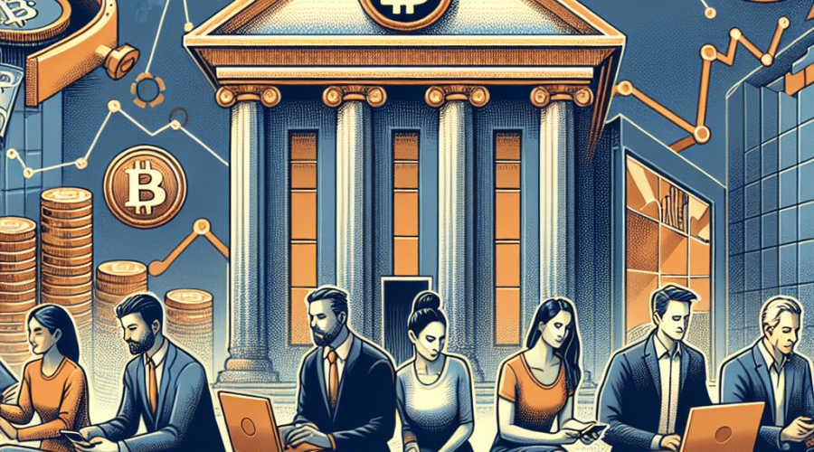 "Diverse group of young people trading cryptocurrency on digital devices, graphically represented by digital coins and growth charts, in contrast with older individuals confidently transacting at traditional banks represented by classical buildings; done in orange, dark blue, and midnight blue color scheme. Background subtly features safety cue and legal symbols indicating security, regulation, and protection."