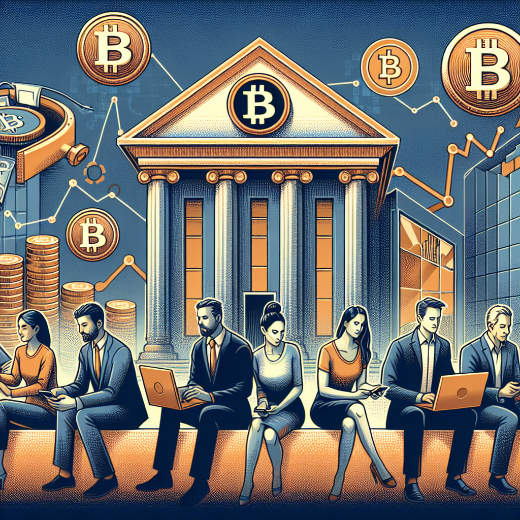 "Diverse group of young people trading cryptocurrency on digital devices, graphically represented by digital coins and growth charts, in contrast with older individuals confidently transacting at traditional banks represented by classical buildings; done in orange, dark blue, and midnight blue color scheme. Background subtly features safety cue and legal symbols indicating security, regulation, and protection."