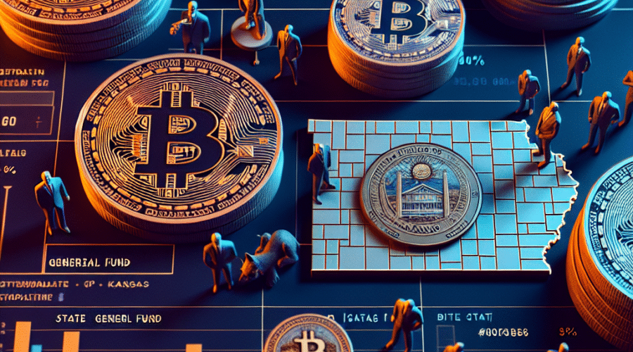 "Overhead view of an intricate image layout displaying digital Bitcoin coins with Kansas State Seal, miniature lawmaker figurines over a Kansas map, flanked by bar graphs of 'State General Fund' and 'Market Capitalization of Bitcoin' in brand colors Orange, Dark Blue, and Midnight Blue. Image overlayed with digital hexadecimal code and features text 'Bitcoin and Digital Assets Reserve Fund' and 'Kansas State Strategy for Unclaimed Crypto'. Image provides visual representation of Kansas's strategy on cryptocurrency."