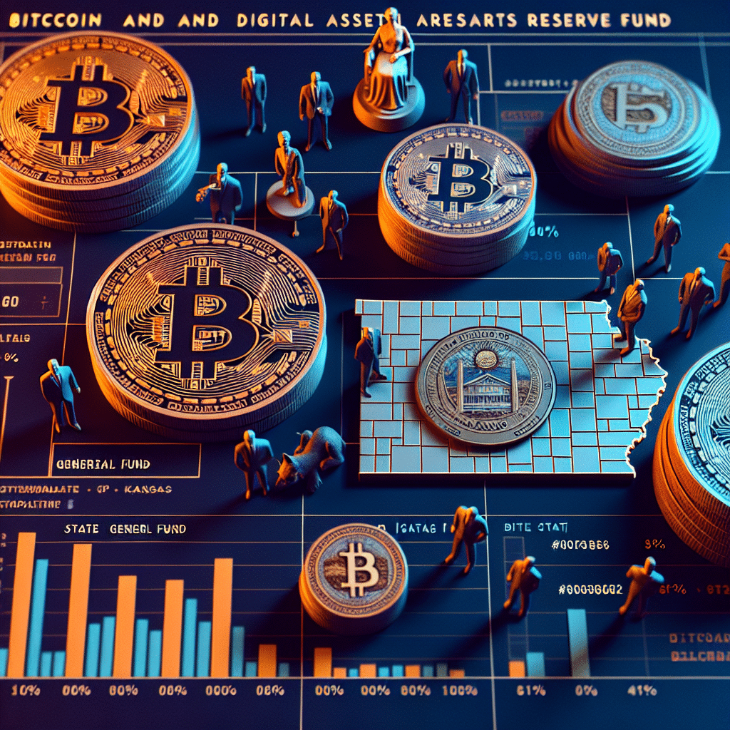 "Overhead view of an intricate image layout displaying digital Bitcoin coins with Kansas State Seal, miniature lawmaker figurines over a Kansas map, flanked by bar graphs of 'State General Fund' and 'Market Capitalization of Bitcoin' in brand colors Orange, Dark Blue, and Midnight Blue. Image overlayed with digital hexadecimal code and features text 'Bitcoin and Digital Assets Reserve Fund' and 'Kansas State Strategy for Unclaimed Crypto'. Image provides visual representation of Kansas's strategy on cryptocurrency."