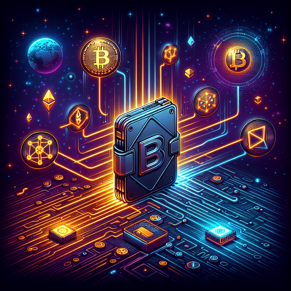 **SEO-optimized alt text:** Sleek digital illustration of a Ledger hardware wallet at the center with dynamic radiating lines connecting Tezos and Ethereum blockchain symbols, featuring geometric gradients in Ledger's orange (#FF9811), dark blue (#000D43), and midnight blue (#021B88) brand colors. Subtle Uniswap and Curve DeFi protocol icons orbit the wallet, and a digital bridge links Tezos and Ethereum, emphasizing secure, seamless blockchain integration, advanced security, and user empowerment in a modern 1200x628 image.