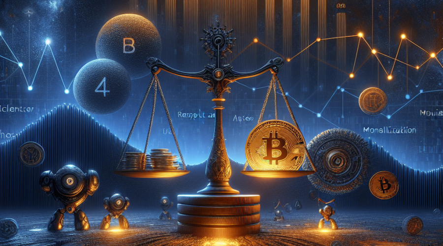 "Digital landscape portraying a partnership between OpenLedger and Story Protocol, showing blockchain symbols, AI-powered robot scale, and axes forming a Story Protocol logo. Object of Intellectual Property Rights (IPR) and coins represent monetization of assets. Backdrop with rising trend graph in Midnight Blue #021B88 indicating market expansion. Enforcing IP in AI and Respect and Monetization phrases overlay in bold font. Image dimensions 1200 x 628 pixels."