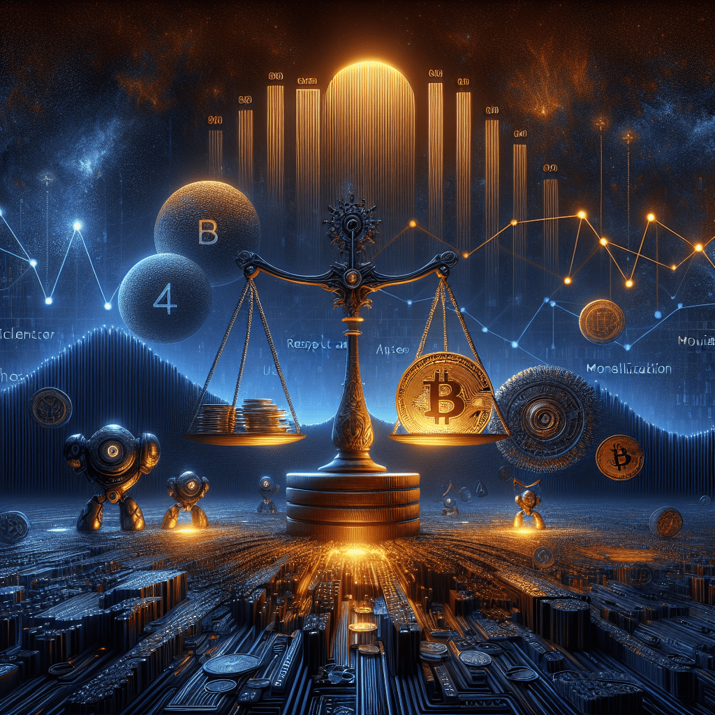 "Digital landscape portraying a partnership between OpenLedger and Story Protocol, showing blockchain symbols, AI-powered robot scale, and axes forming a Story Protocol logo. Object of Intellectual Property Rights (IPR) and coins represent monetization of assets. Backdrop with rising trend graph in Midnight Blue #021B88 indicating market expansion. Enforcing IP in AI and Respect and Monetization phrases overlay in bold font. Image dimensions 1200 x 628 pixels."