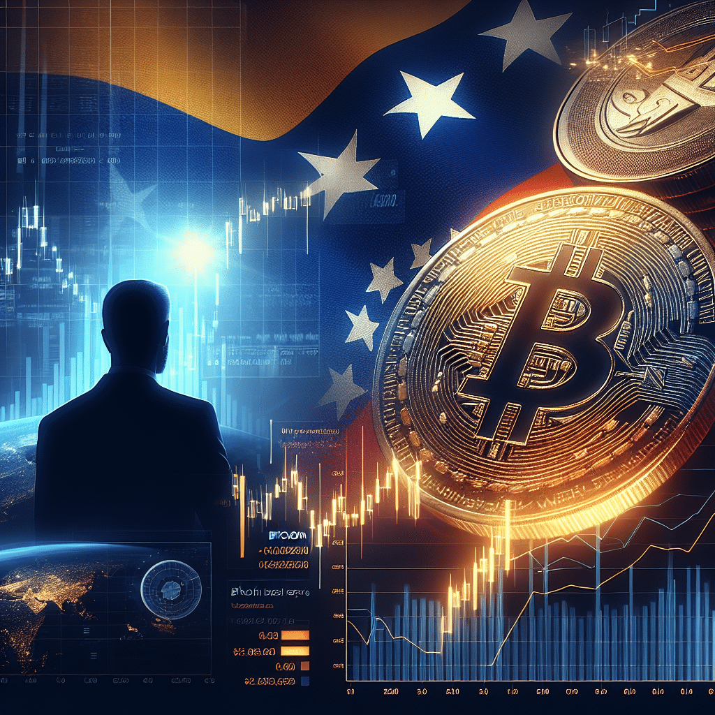 "Bitcoin coin prominence in the image with background subtly featuring US and Venezuelan flags, highlighting the intersection of cryptocurrency and global geopolitics, overlaid with text 'Bitcoin: A New Strategic Asset' in midnight blue color, alongside muted silhouette of Nicolas Maduro and text 'U.S. Strategic Bitcoin Reserve?' in the bottom-left corner in orange color with rising trend charts and graphs in dark blue symbolizing surge in Bitcoin value."