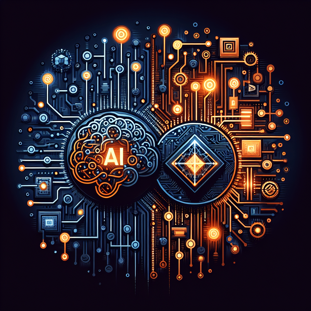 **SEO Alt-Text Suggestion:** Dynamic digital illustration showing the convergence of artificial intelligence and blockchain technology, featuring neural network nodes, circuit patterns, and interconnected blockchain blocks. The image highlights distinct glowing symbols representing DeepSnitch AI (disruptive AI analytics) and BlockDAG (scalable blockchain architecture), set against a bold background with orange (#FF9811), dark blue (#000D43), and midnight blue (#021B88) brand colors, perfect for a technology investment blog header.