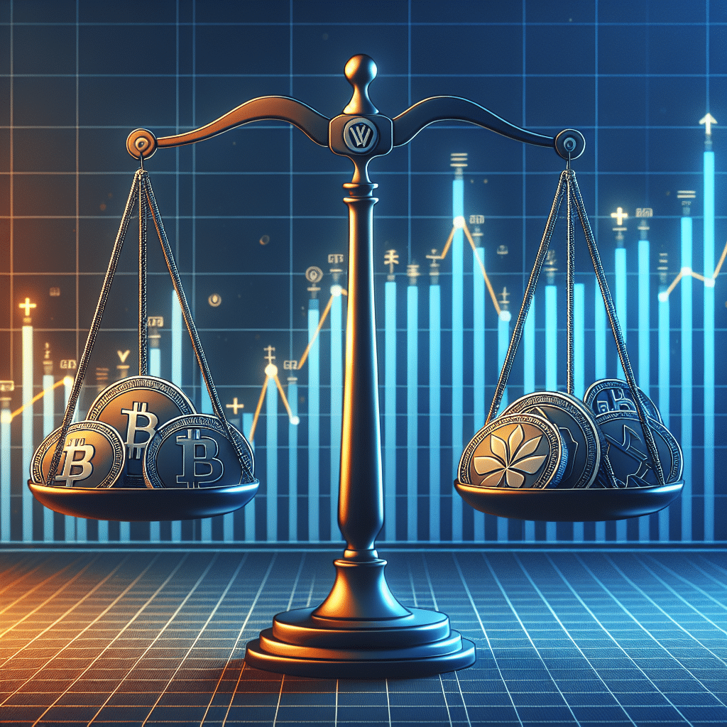 **SEO Alt-Text for Your Image:** Modern digital illustration sized 1200x628 pixels showing a stylized balance scale with assorted altcoins on one side and Bitcoin on the other, both in equilibrium; subtle upward and sideways chart lines in the background symbolize the altcoin market stabilizing after years of underperformance, hinting at consolidation and growth potential. Main elements use vibrant orange (#FF9811), dark blue (#000D43), and midnight blue (#021B88) for a clean, professional look emphasizing emerging opportunities and advanced technology in cryptocurrency markets.
