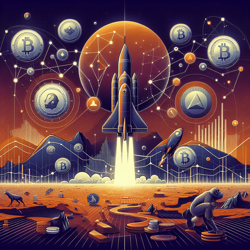 **SEO-optimized alt-text:** Modern 1200x628px digital illustration featuring a stylized rocket ship launching from a futuristic Mars landscape, symbolizing the APEMARS ($APRZ) mission. The scene includes cryptocurrency growth elements like coins, blockchain network connections, and upward-trending graphs. Cardano (ADA) and Litecoin (LTC) icons are subtly integrated in the background, alongside rising price chart overlays. The image uses bold orange (#FF9811), dark blue (#000D43), and midnight blue (#021B88) brand colors, conveying a dynamic and aspirational vision of early-stage investment and rapid altcoin market growth.