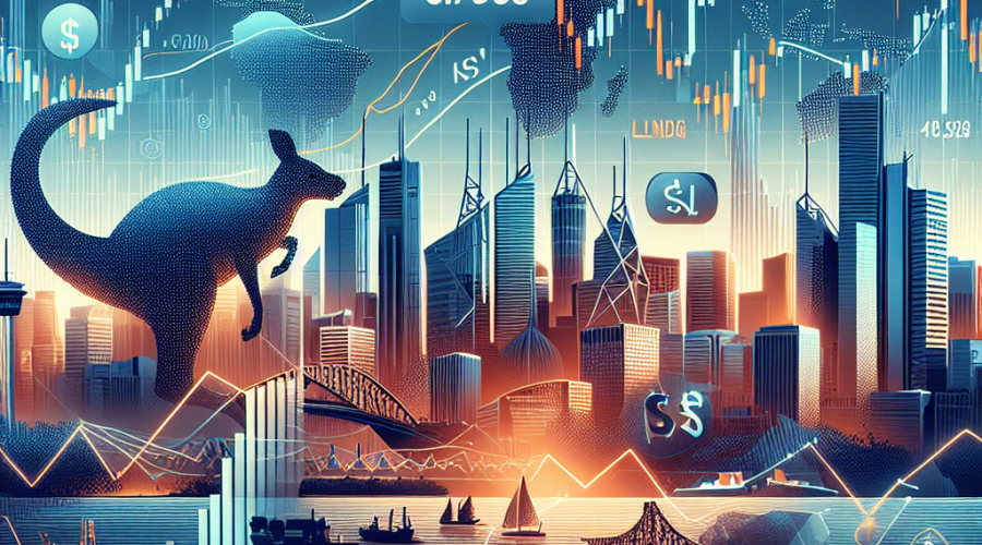 **SEO alt-text for your image:** Modern financial-themed graphic sized 1200 x 628 pixels showcasing a dynamic chart of the AUD/USD currency pair approaching the 0.7100 level, highlighted by upward momentum, bullish moving averages, and a positive RSI gauge. The design features subtle Australian elements such as a kangaroo and the Sydney skyline, alongside icons of key export commodities like iron ore, LNG, and coal. Silhouettes of Chinese and US cityscapes appear in the background to represent global economic influences. The image is styled with brand colors #FF9811 for highlights and #000D43 and #021B88 for background and accents, creating a polished and professional visual communicating the Australian dollar’s rally and its international financial context.