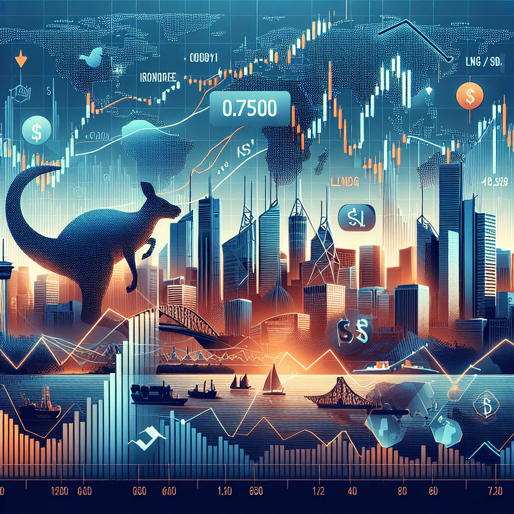 **SEO alt-text for your image:** Modern financial-themed graphic sized 1200 x 628 pixels showcasing a dynamic chart of the AUD/USD currency pair approaching the 0.7100 level, highlighted by upward momentum, bullish moving averages, and a positive RSI gauge. The design features subtle Australian elements such as a kangaroo and the Sydney skyline, alongside icons of key export commodities like iron ore, LNG, and coal. Silhouettes of Chinese and US cityscapes appear in the background to represent global economic influences. The image is styled with brand colors #FF9811 for highlights and #000D43 and #021B88 for background and accents, creating a polished and professional visual communicating the Australian dollar’s rally and its international financial context.