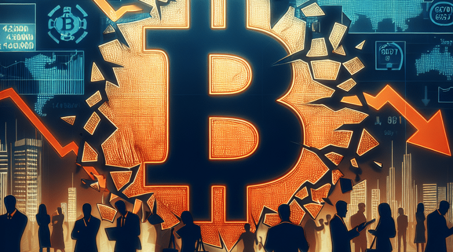 **SEO Alt-Text:** Modern 1200x628 finance blog image featuring a stylized Bitcoin symbol cracking and falling through a chaotic financial market scene, with sharp red downward arrows, volatile digital price tickers, and plunging charts. Background uses deep midnight blue and dark blue tones (#000D43, #021B88) with vibrant orange highlights (#FF9811). Subtle silhouettes of worried investors and institutional buildings illustrate widespread market impact, all rendered in a sleek, professional style for WordPress finance content.