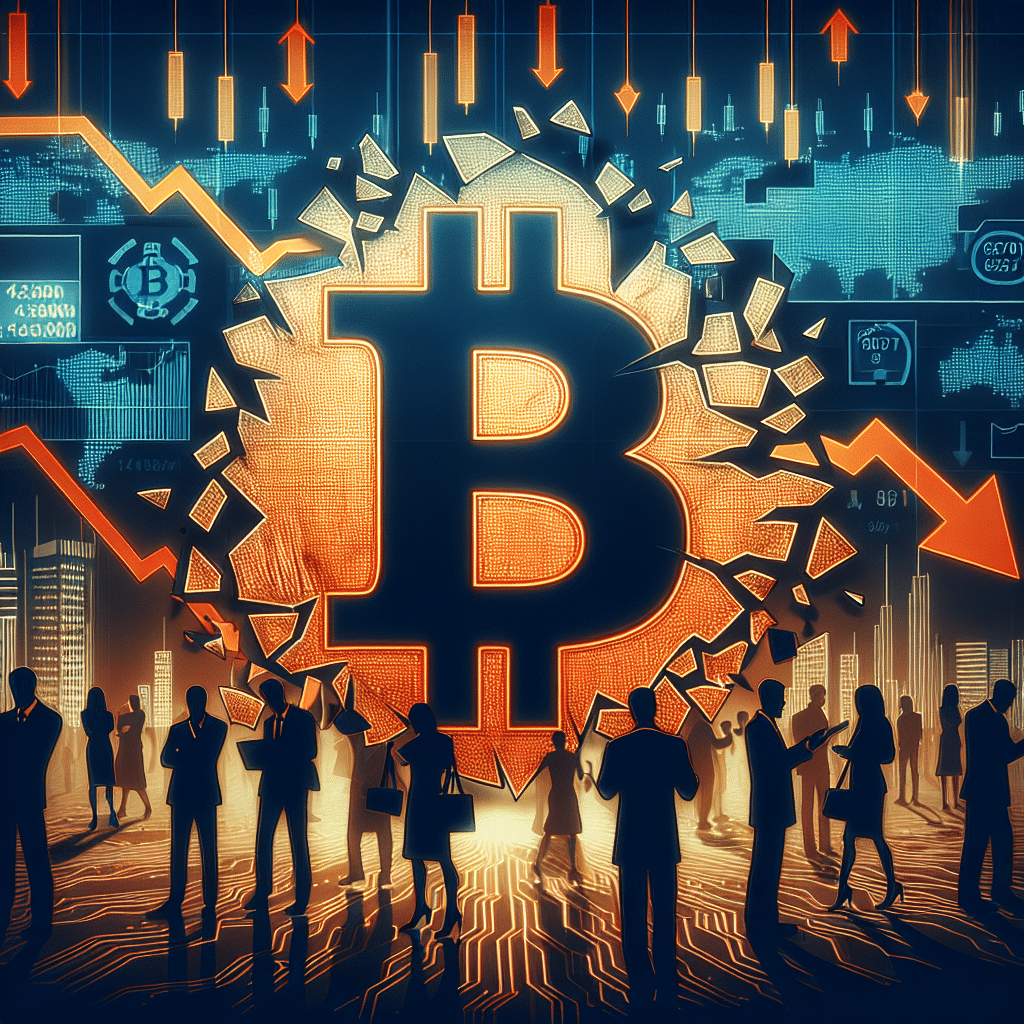 **SEO Alt-Text:** Modern 1200x628 finance blog image featuring a stylized Bitcoin symbol cracking and falling through a chaotic financial market scene, with sharp red downward arrows, volatile digital price tickers, and plunging charts. Background uses deep midnight blue and dark blue tones (#000D43, #021B88) with vibrant orange highlights (#FF9811). Subtle silhouettes of worried investors and institutional buildings illustrate widespread market impact, all rendered in a sleek, professional style for WordPress finance content.