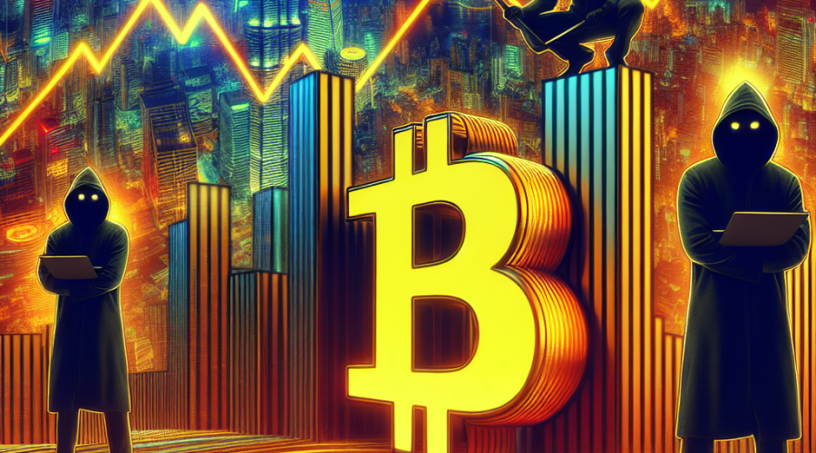 "Abstract visualization of the Hong Kong-based hedge funds infiltrating BlackRock's iShares Bitcoin Trust (IBIT), highlighted by the orange-detailed (#FF9811) IBIT logo and plummeting Bitcoin graphs. The backdrop depicts the iconic Hong Kong financial district, while speculative trading activities, rendered in contrasting Dark Blue (#000D43) and Midnight Blue (#021B88), suggest the sharp drop in Bitcoin value."