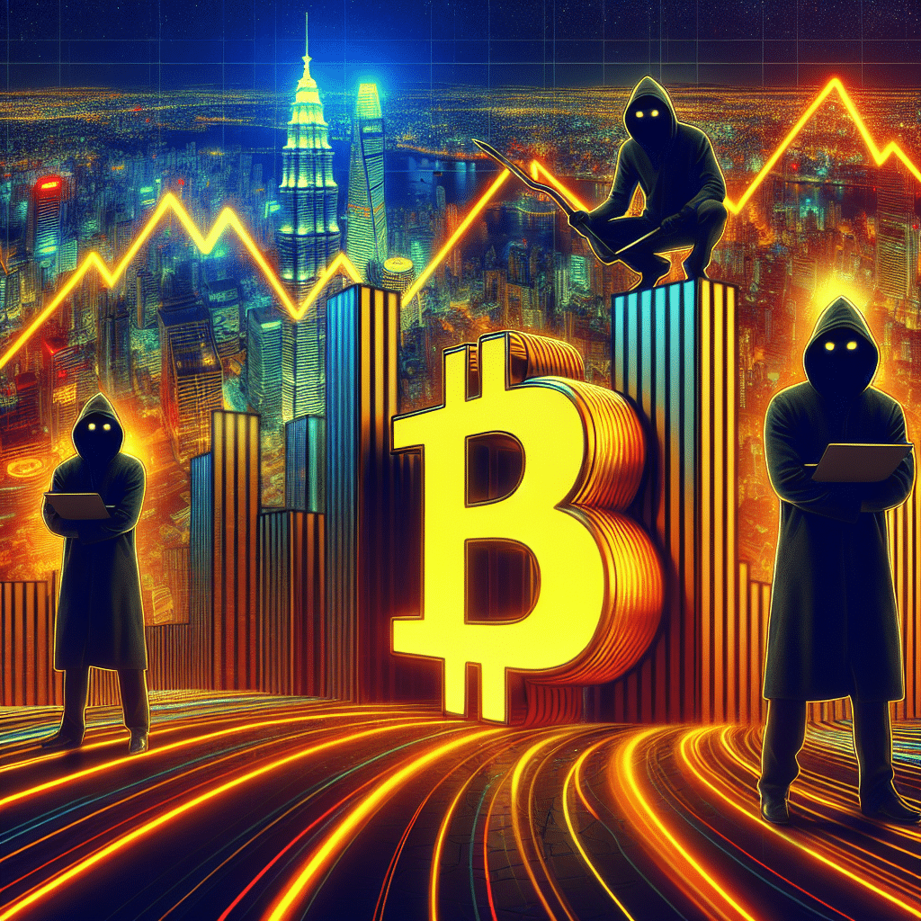"Abstract visualization of the Hong Kong-based hedge funds infiltrating BlackRock's iShares Bitcoin Trust (IBIT), highlighted by the orange-detailed (#FF9811) IBIT logo and plummeting Bitcoin graphs. The backdrop depicts the iconic Hong Kong financial district, while speculative trading activities, rendered in contrasting Dark Blue (#000D43) and Midnight Blue (#021B88), suggest the sharp drop in Bitcoin value."