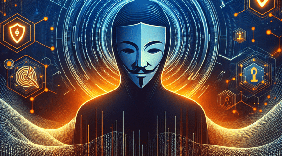 **SEO-Optimized Alt-Text:** Digital illustration of Charles Hoskinson, founder of Cardano, facing forward with a determined expression, set against a modern background featuring a stylized Cardano logo, ripple-like blockchain network graphics, shield icons for privacy, and abstract data streams symbolizing data integrity. The design uses a bold palette of orange, dark blue, and midnight blue, incorporating a subtle downward graph to represent market challenges and an emerging light effect to convey optimism and resilience. The overall composition embodies leadership, transparency, and innovation in decentralized blockchain technology.