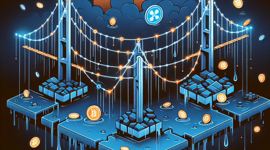 Alt-text (SEO optimized): Modern digital illustration depicting a breached CrossCurve DeFi bridge exploit—highlighting cross-chain vulnerabilities in decentralized finance. The image features interconnected blockchain bridges in orange (#FF9811), dark blue (#000D43), and midnight blue (#021B88); one bridge is digitally damaged with tokens leaking out, symbolizing cascading risk and loss of confidence with rippling effects, suitable for a fintech blog post on the $3 million CrossCurve exploit and blockchain cybersecurity concerns. Size: 1200x628 pixels.