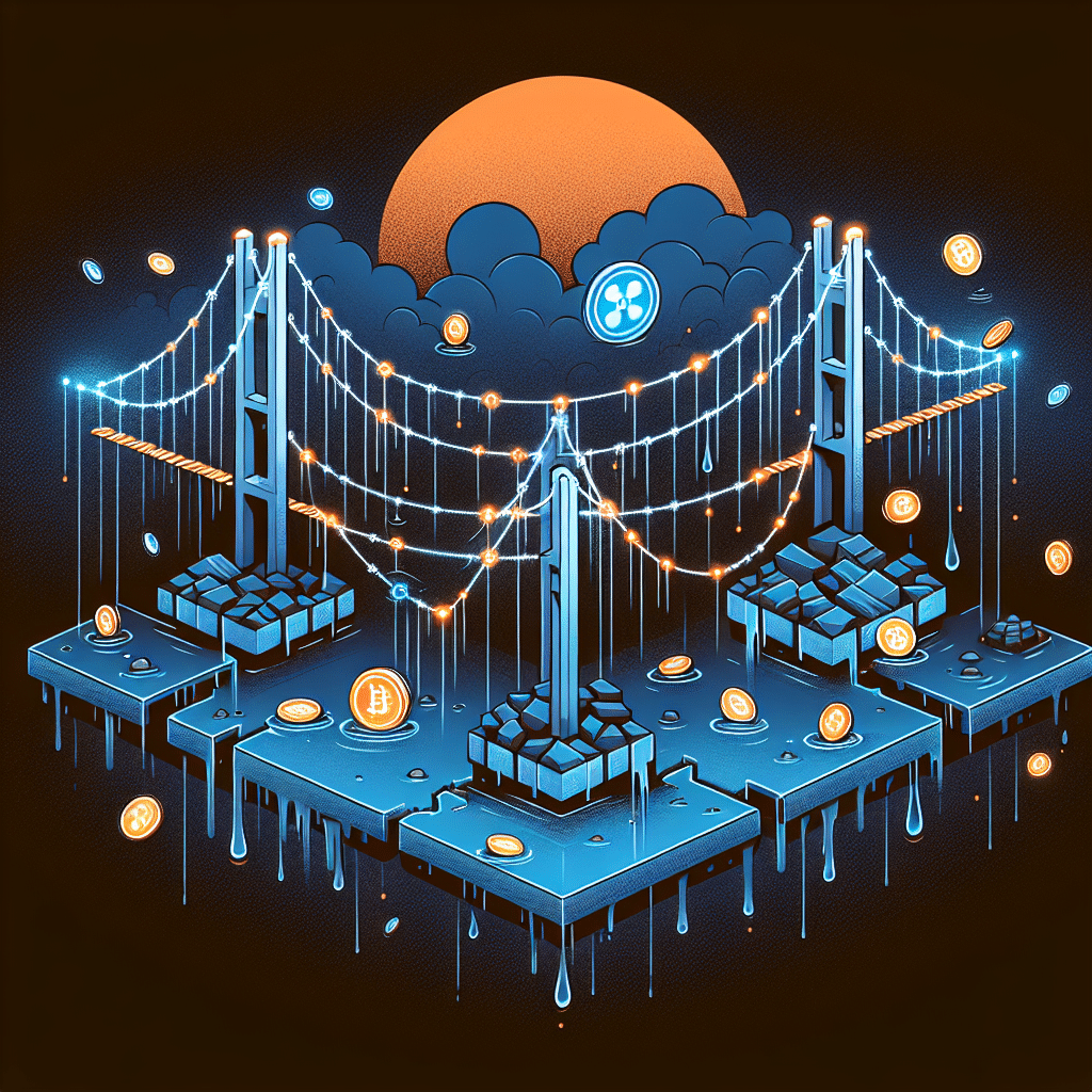 Alt-text (SEO optimized): Modern digital illustration depicting a breached CrossCurve DeFi bridge exploit—highlighting cross-chain vulnerabilities in decentralized finance. The image features interconnected blockchain bridges in orange (#FF9811), dark blue (#000D43), and midnight blue (#021B88); one bridge is digitally damaged with tokens leaking out, symbolizing cascading risk and loss of confidence with rippling effects, suitable for a fintech blog post on the $3 million CrossCurve exploit and blockchain cybersecurity concerns. Size: 1200x628 pixels.